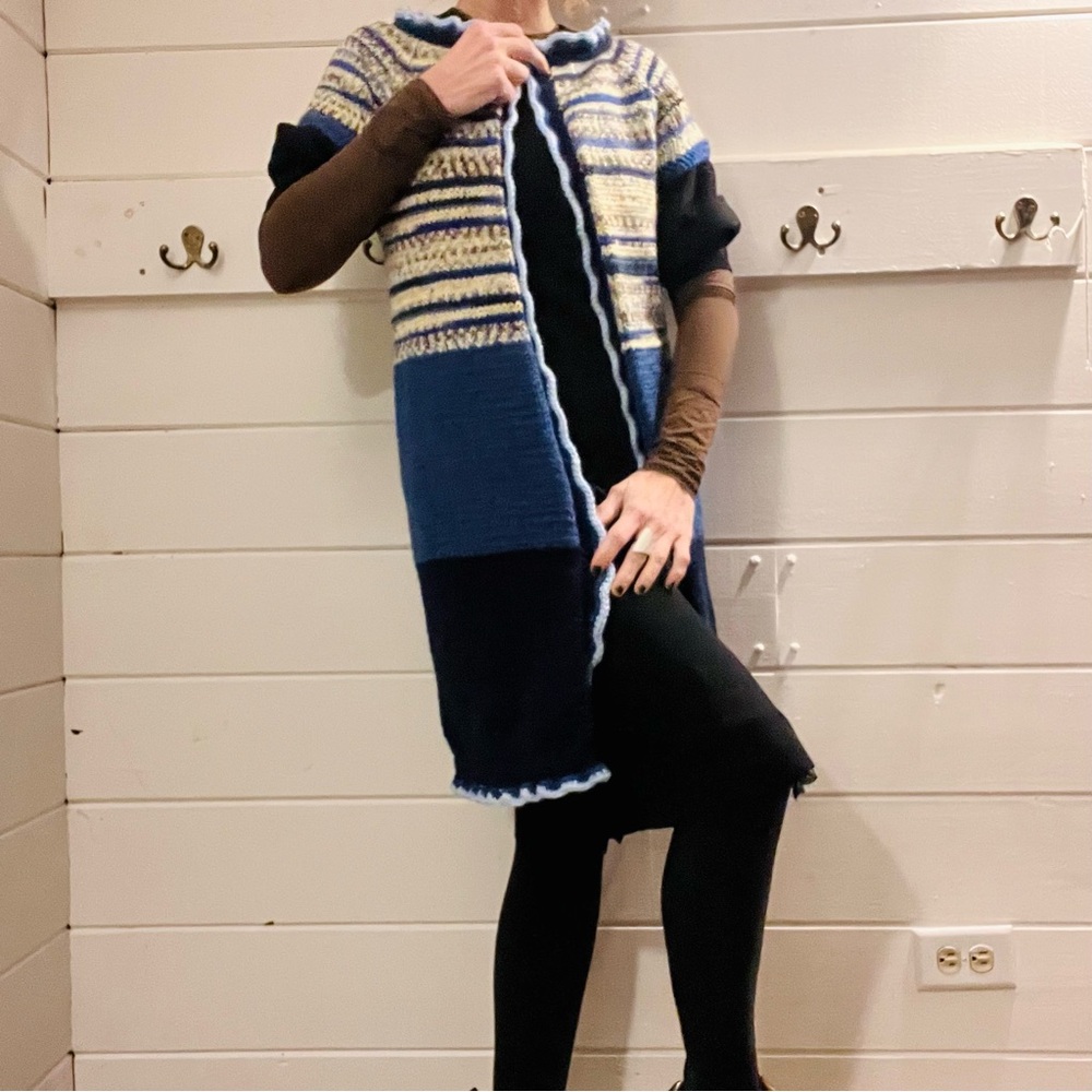 Handmade Blue Striped Cap Sleeve Tunic Sweater Vest. Size Small. - Picture 2 of 9